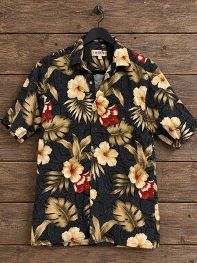 Campia Moda Hawaiian Shirt Small Black Tropical Hibiscus Floral Button Up